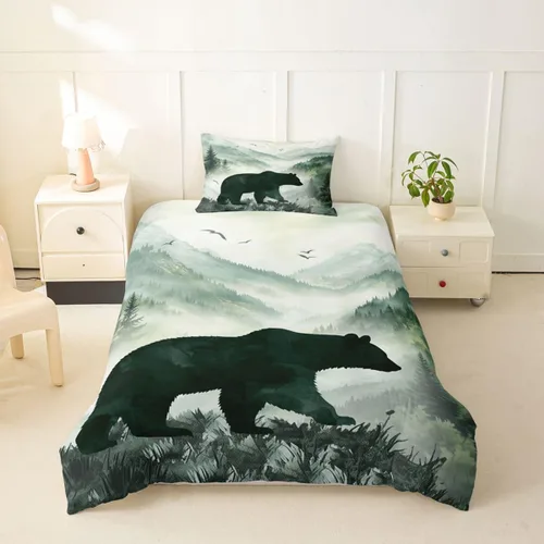 Vista 17 de Funda de edredón de oso de caza, tamaño individual, juego de ropa de cama rústica de animales del bosque para niños y niñas, funda de edredón a Oso