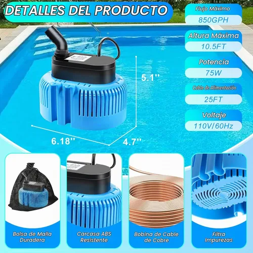 Vista 6 de DeeprBetter Bomba de Cubierta para Alberca Sobre el Suelo, Bomba de Agua Sumergible Bomba de Sumidero para Drenaje, 850 GPH Azul