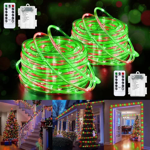 Vista 8 de Jnaurb Paquete de 2 luces de cuerda a pilas para exteriores, total de 66 pies, 200 LED, 8 modos, funciona con pilas, luces de hadas de Navidad
