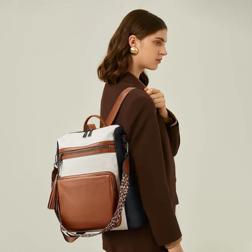 Vista 13 de OPAGE - Mochila de cuero para mujer, con borla de moda, bolso de hombro, mochila grande, bolsa de viaje, gris, L