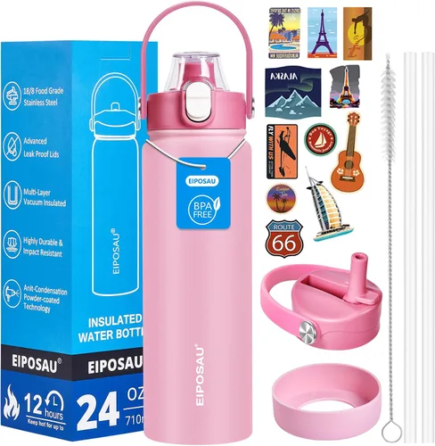 Vista 29 de Botella de agua aislada con tapa, bota y calcomanías, botella de acero inoxidable de 24 onzas, sin sudor, mantiene el frío las 24 horas, botella