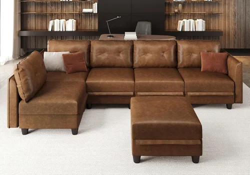 Vista 12 de LLappuil Sofá modular de cuero marrón Sofá seccional con almacenamiento