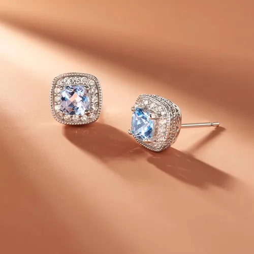 Vista 9 de Amazon Essentials Aretes de plata de ley con piedra natal de corte cojín y zafiro blanco creado (anteriormente colección Amazon)