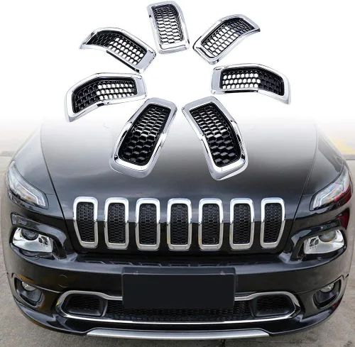 Vista 7 de Kit de 7 piezas de cubierta de rejilla de anillo de malla cromada negra compatible con Jeep Cherokee 2014-2018 2015 2016 2017
