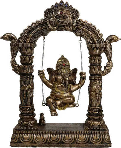 Vista 6 de Ebros 9 pulgadas de alto hindú supremo elefante Dios bebé Ganesha jugando en columpio con rata Mooshika debajo de la estatua patrón de las artes