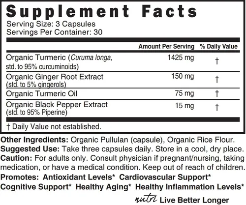 Vista 4 de Nutri Suplemento orgánico de curcumina de cúrcuma de 1425 mg – 40 veces más biodisponible – 95% curcuminoides puros – con pimienta negra, jengibre