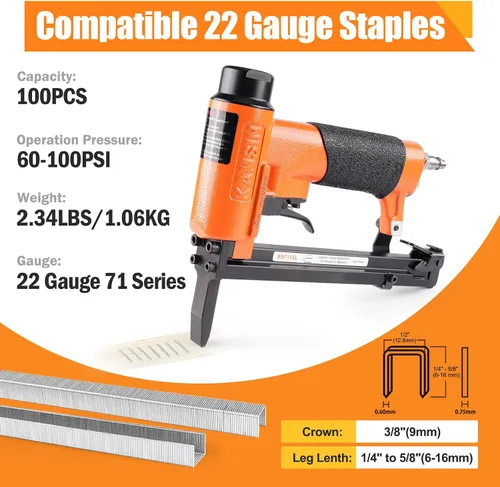 Vista 4 de KN7116L - Engrapadora neumática de tapicería de calibre 22, grapadora de alambre fino corona de 3/8 pulgadas, pistola de grapas de tapizado de nariz
