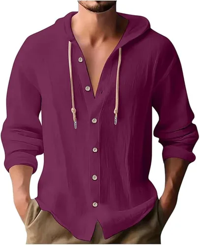 Vista 10 de Camisas de lino para hombre, casual, con botones, de verano, algodón, lino, con capucha, para playa, manga larga, con capucha