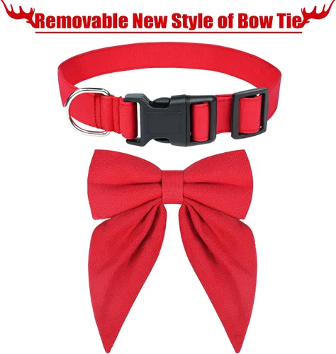Vista 4 de Collar de perro de Navidad Malier con moño, collares de Navidad rojos clásicos para niñas y niños, collares de cachorro ajustables y lindos