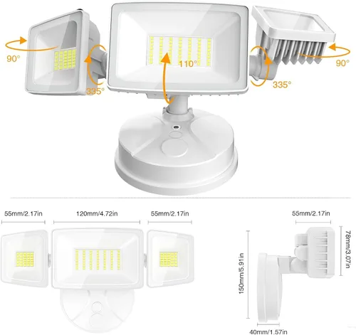 Vista 8 de Onforu Luces de inundación de 75 W para exteriores, luces de seguridad de 7000 lm de brillo, controladas por interruptor, con 3 cabezales