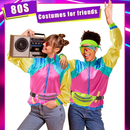 Vista 6 de Shinymoon Juego de 2 accesorios de disfraz de Halloween de los años 80 para adultos, rompevientos retro de los años 80 para hombres, mujeres