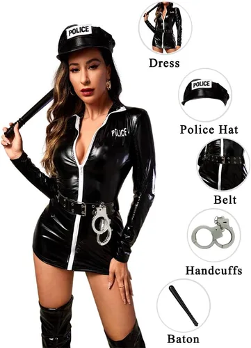Vista 5 de Womens Police Officer Costume Black PU Leather Dress Sexy 2022 Cop Halloween Christmas Costumes for Women