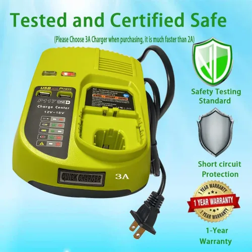 Vista 2 de Reemplaza el cargador de batería de 18 V ryobi P117 P118 P119 Química dual para cargar la batería Ryobi de iones de litio y Ni-cad Ni-Mh 12V 14.4V