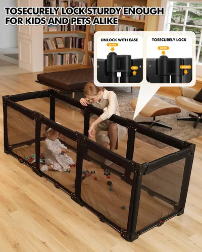Vista 4 de Puerta Corralito Extra Ancha para Bebés con Malla Resistente al Calor, Valla Plegable de 8 Paneles para Bebés, Barrera de Seguridad