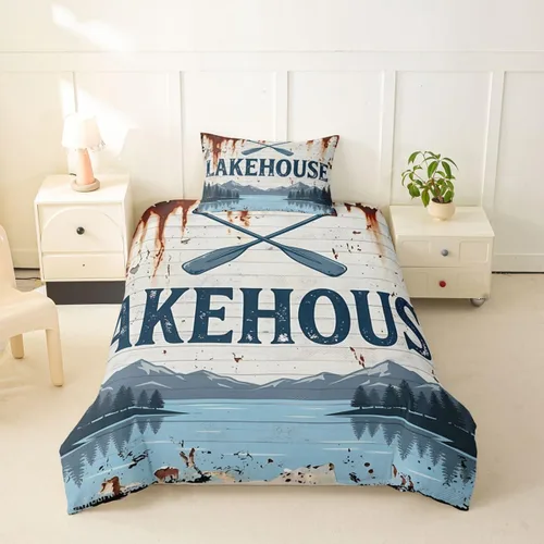 Vista 32 de Erosebridal Lake House Twin Bed Set for Boys Girls Kids, Blue and Beige Lakehouse 2Pcs Duvet Cover with Zipper, Rustic Farmhouse Bedding Sets