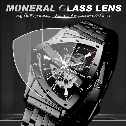 Vista 6 de FORSINING Triangle Skeleton Reloj mecánico automático para hombre, de lujo, dorado, negro, acero inoxidable, impermeable, luminoso, reloj de pulsera