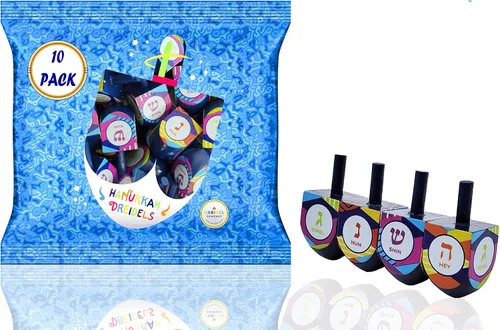 Vista 3 de The Dreidel Company Paquete de 10 unidades multicolor pintadas a mano de madera, el juego de Hanukkah, Let's Play Dreidel de 1.75 pulgadas