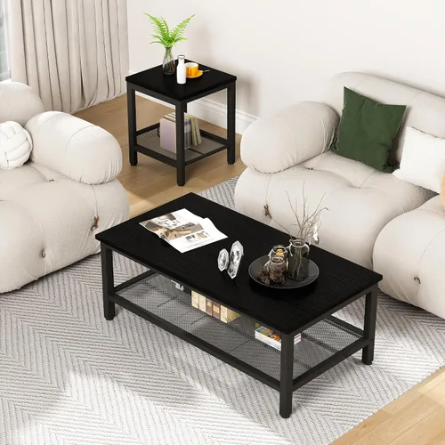 Vista 5 de Conjunto de 3 mesas de café AWQM, mesa de café industrial con 2 mesas auxiliares cuadradas, conjunto de mesas modernas para sala de estar