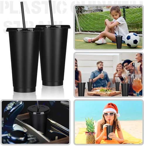 Vista 5 de Bokon 60 Juegos de Vasos con Popote y Tapa al Por Mayor, Vasos de Plástico Reutilizables de 24 oz con Tapas y Pajillas, Botella de Agua, Taza