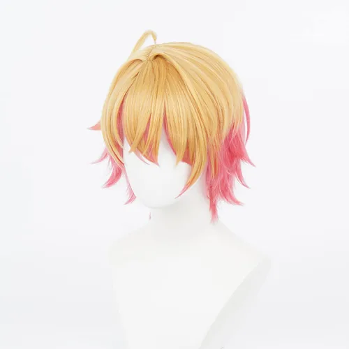 Vista 2 de XiongXiongLe Peluca corta y rizada para cosplay, anime Oshi no Ko Aqua Aquamarina, Hoshino, rubio, naranja, pelucas de repuesto para niños