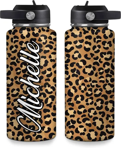 Vista 9 de Hyturtle Botella de agua personalizada de leopardo, botella de acero inoxidable aislada con tapa a prueba de fugas, 18 onzas, 32 onzas, regalo