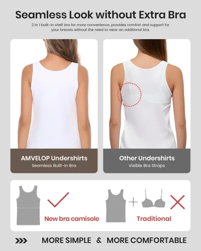 Vista 4 de AMVELOP Camisetas sin mangas para mujer, brasier integrado de algodón, brasier de estante, camisetas sin mangas en capas, paquete de 2 a 3