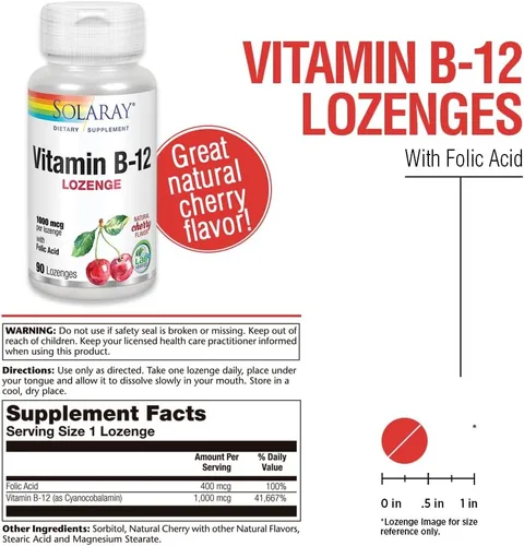 Vista 2 de Solaray Pastillas de vitamina B-12 de 1000 mcg, sabor a cereza natural, 90