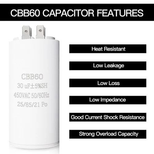 Vista 2 de Condensador de funcionamiento del motor 30UF CBB60, 450VAC 50/60HZ Condensador cilíndrico para funcionamiento del motor, lavadoras, acondicionadores