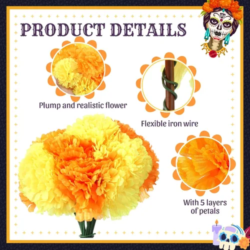 Vista 6 de 100 flores artificiales de caléndula con tallos de 3.5 pulgadas, flor falsa de caléndula de seda para fiesta de Halloween, decoración de altar