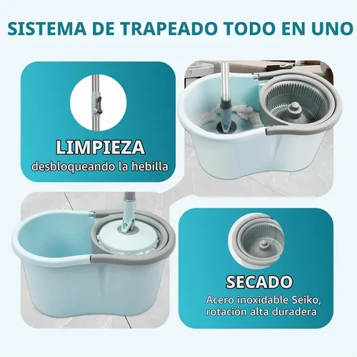Vista 6 de Juego de trapeador giratorio y cubo con escurridor, juego de cubo giratorio operable de 360° con 3 cabezales de repuesto de microfibra, mango