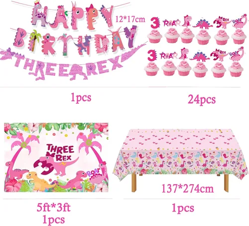 Vista 3 de Dino Rex - Decoraciones para fiesta de cumpleaños de tres niñas, suministros de dinosaurio rosa