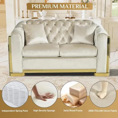 Vista 5 de DAMAIFROM Sofá Chesterfield moderno de mediados de siglo, sofá de terciopelo de 62" blanco y dorado, sofá biplaza curvo de lujo para sala de estar