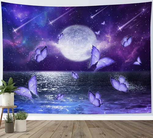 Vista 12 de LB Tapiz pequeño de luna llena sobre océano, tapiz psicodélico de mariposa verde azulado, tapiz de cielo nocturno estrellado y luna y estrellas