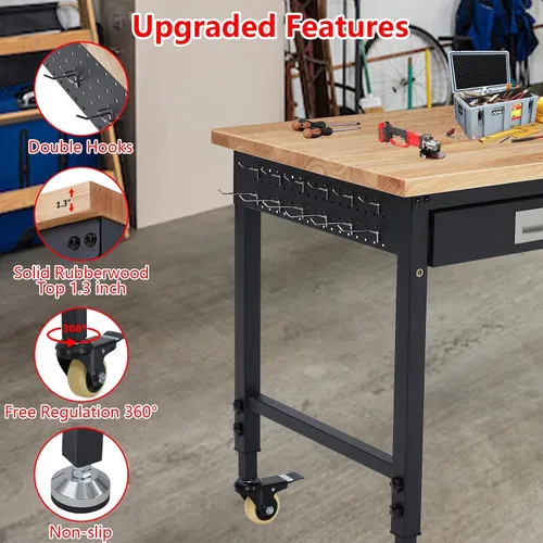 Vista 3 de Banco de trabajo de altura ajustable, mesa de trabajo de 60 x 22 pulgadas, parte superior de madera de goma resistente, capacidad de 2000 libras