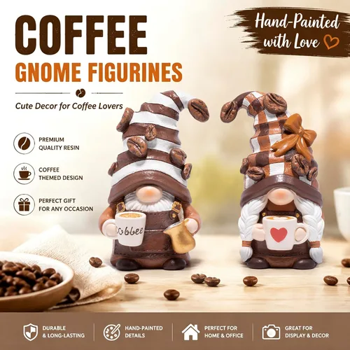Vista 3 de Hodao Figuras de gnomo de café, chocolate y crema, juego de 2 Marrón
