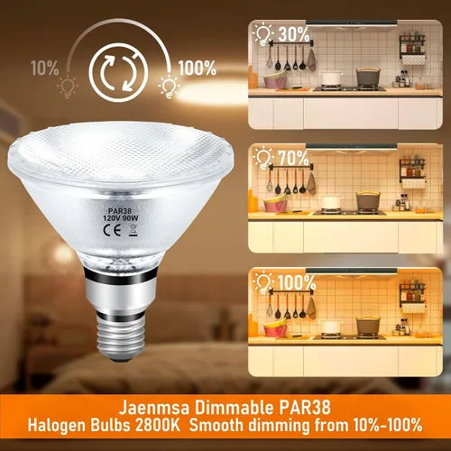 Vista 2 de Bombillas Halógenas PAR38 de Luz de Inundación 90W 120V, 2 piezas Bombillas Halógenas PAR38 con Base E26, 2800K Blanco Cálido, 4050 Lúmenes
