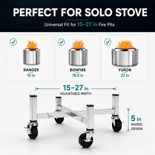 Vista 2 de Hisencn 15-27'' Fire Pit Rolling Stand for Solo Stove and Other fire fit