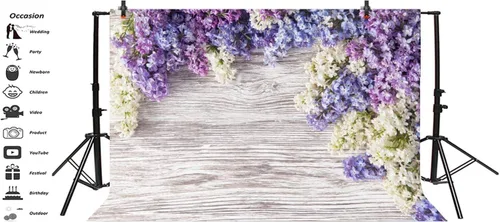 Vista 5 de Telón de fondo de madera para bebé recién nacido de 5 x 3 pies, flores moradas lilas, ramo de flores, pared de madera, para niñas y adultos, retrato