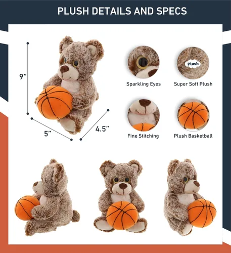 Vista 3 de DolliBu Oso marrón sentado con felpa de baloncesto, oso suave para abrazar, adorable juguete de peluche para jugar, lindo regalo de vida silvestre