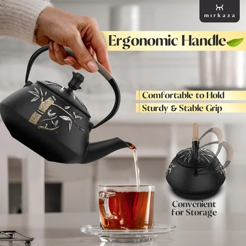 Vista 4 de Hervidor de té, Tetera de hierro fundido con infusor de acero inoxidable, Ollas de té japonesas para la parte superior de la estufa, Patrón único