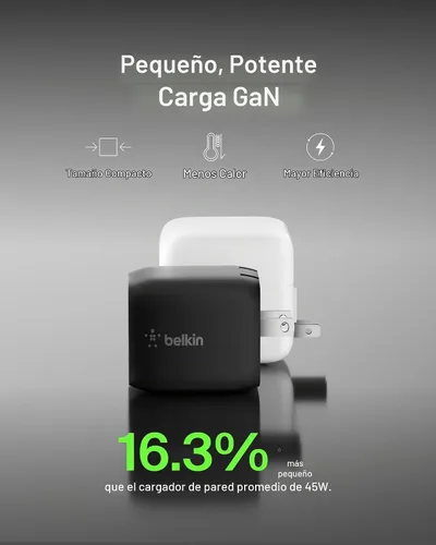 Vista 4 de [Usado] Belkin Bloque de cargador USB C dual de 45 W, PD3.0 con GaN - Carga súper rápida - Samsung Galaxy S25, Apple iPhone 17, Air, Pro, Pro Max