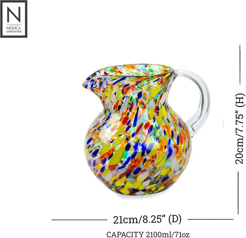 Vista 6 de NOVICA Jarra de vidrio reciclado soplado a mano artesanal multicolor de México 'Confetti' (71 onzas)
