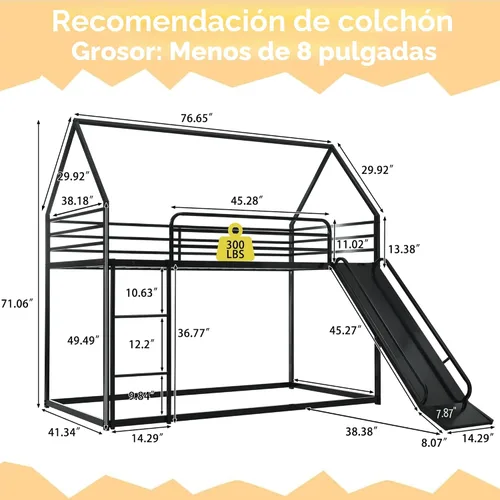 Vista 2 de Litera de cama individual sobre individual con tobogán, marco de cama en forma de casa con escalera, estructura de cama baja de servicio pesado