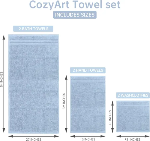 Vista 7 de COZYART - Juego de 6 toallas de baño de algodón turco, color azul claro, suaves, altamente absorbentes y duraderas, 19.17 oz/yd², incluye 2 toallas