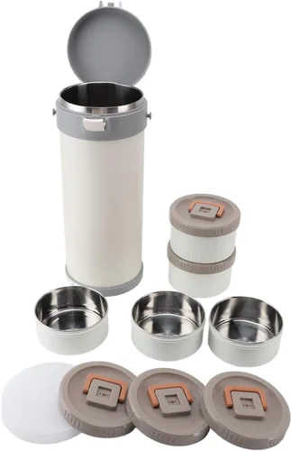 Vista 5 de Caja de acero inoxidable aislada, tarro de alimentos aislado de acero inoxidable de 5 capas apilable con correa a prueba de fugas para microondas