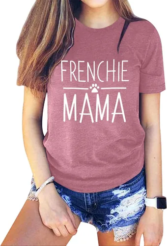 Vista 16 de Camiseta de manga corta con texto en inglés «Frenchie Mama», con estampado de letras para mujer, estilo casual