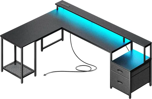 Vista 11 de PRAISUN Escritorio para juegos en forma de L de 66 pulgadas con luces LED y Negro