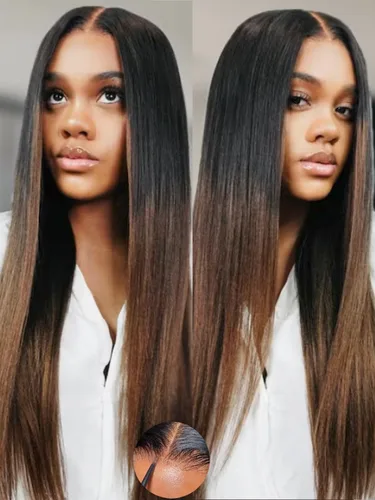 Vista 20 de KLAIYI Peluca de cabello humano con encaje frontal precortada 7x5, corte Bob en capas, corte romo, cordón sin pegamento, peluca predepilada