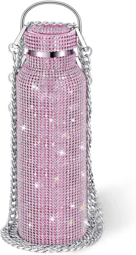Vista 20 de Geiserailie Botella de agua con diamantes de imitación de acero inoxidable, térmica, recargable, aislada, con cadena, para mujeres y niñas