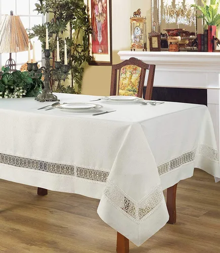 Vista 2 de Violet Linen Splendour Exquisito patrón de borde de encaje de macramé, encaje bordado de poliéster, blanco, 52 x 70 pulgadas, asientos de 4 a 6